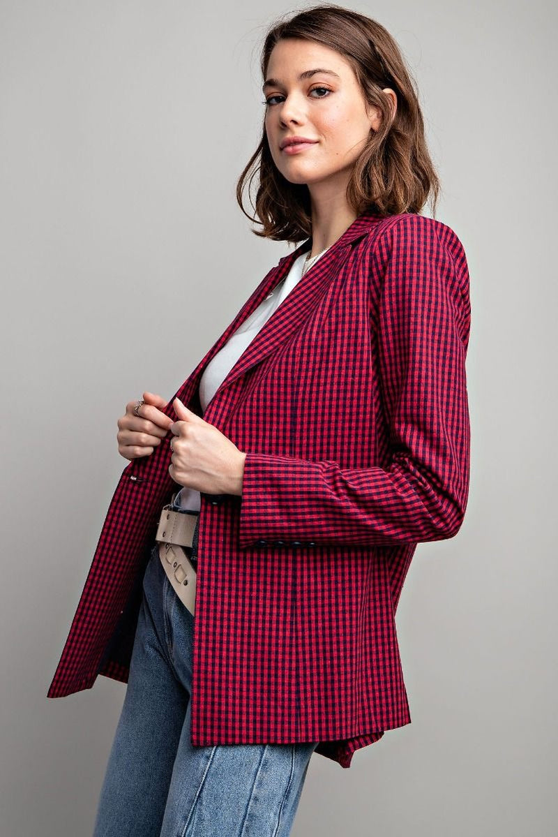 Longline Plaid Blazer - Red Navy