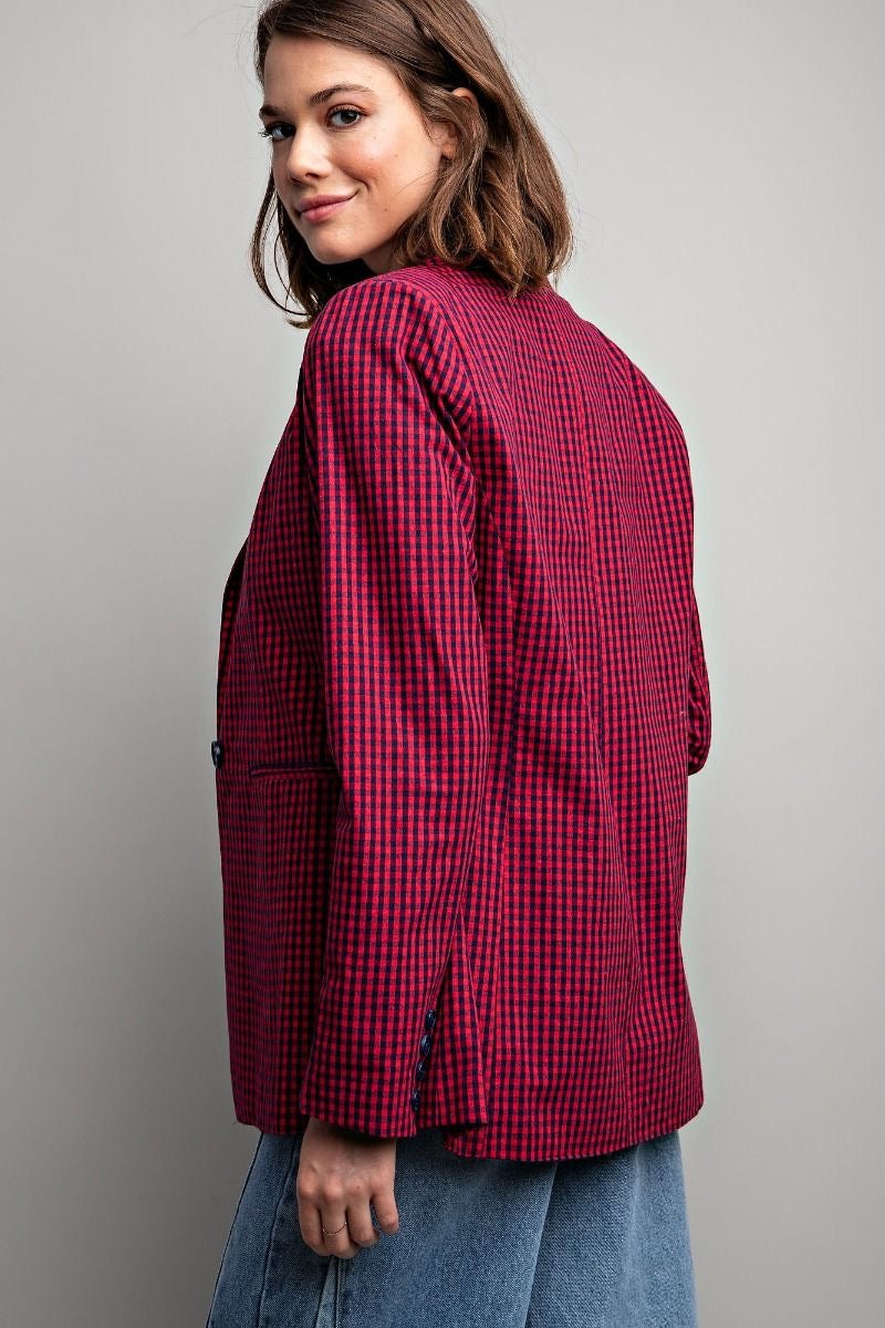 Longline Plaid Blazer - Red Navy