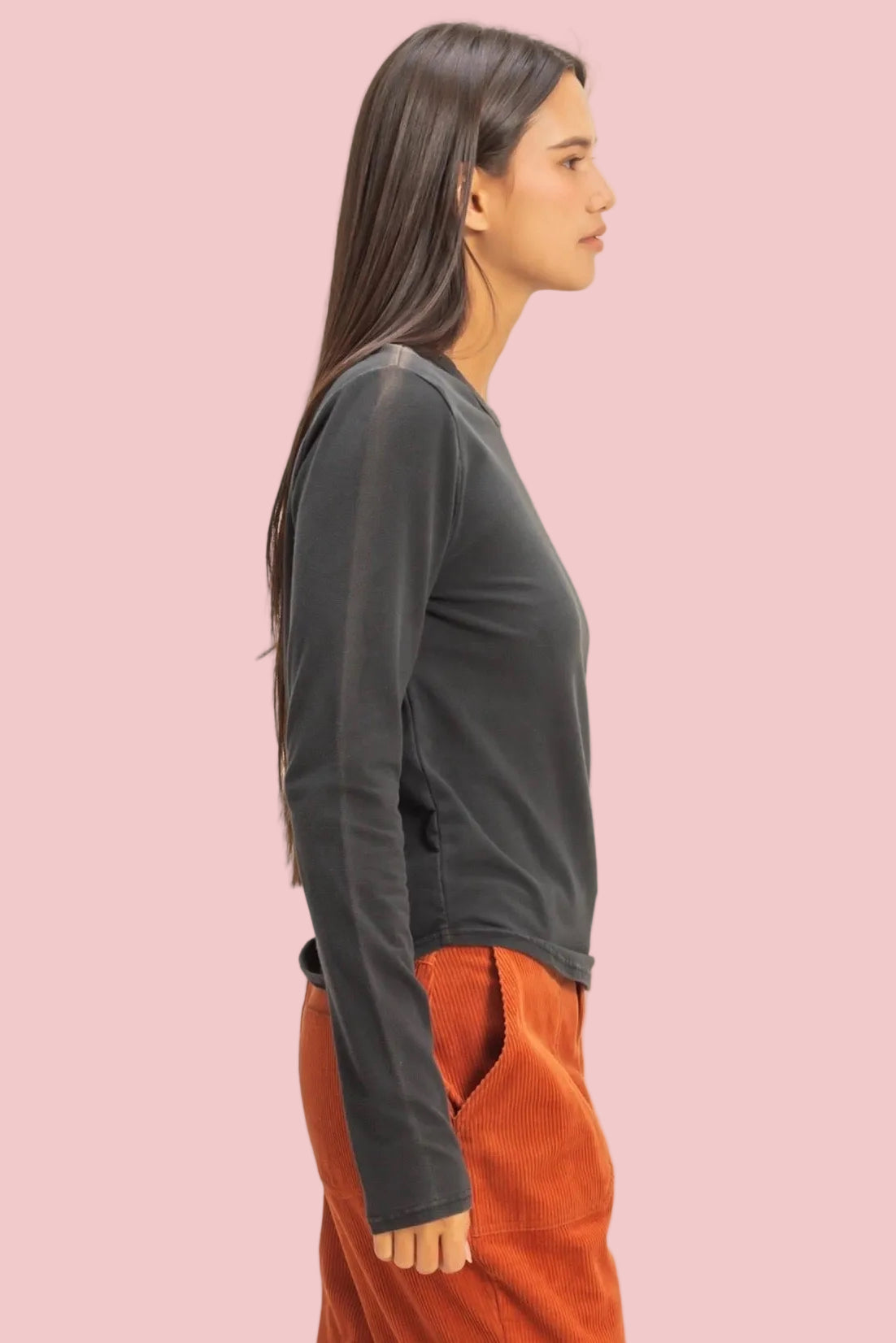 Long Sleeve Round Hem Top - Black