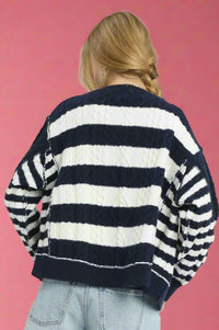 Textured Stripe Button-Up Cardigan - Navy