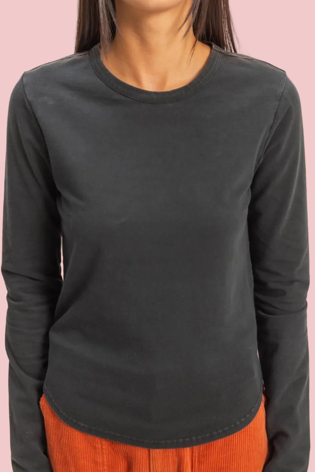Long Sleeve Round Hem Top - Black