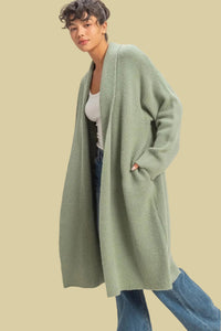 Longline Open Front Duster Sweater - Sage Green