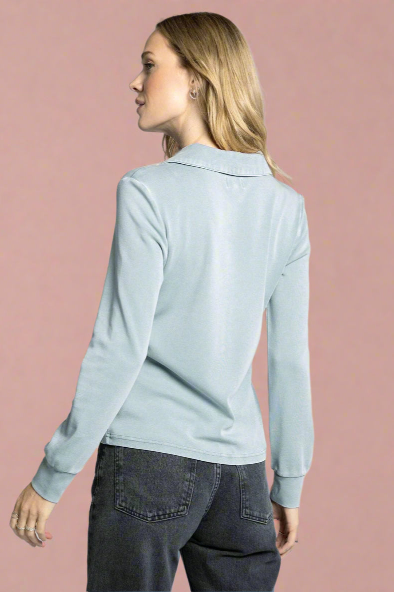 Lucy Collared Half Button Top - Dusty Blue