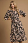 Mix Floral Print Midi Dress with Waist Tie
