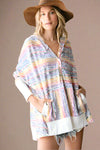 Oversize Stripe Button Up Hoodie Top Blue