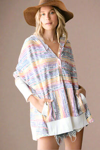Oversize Stripe Button Up Hoodie Top Blue