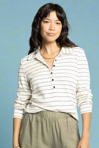 Lucy Collared Half Button Top - Noir Stripe