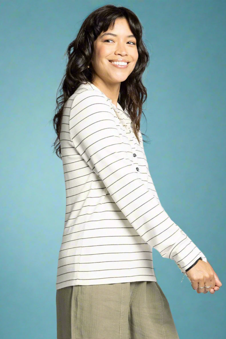 Lucy Collared Half Button Top - Noir Stripe