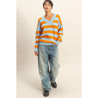 Oversized Striped V-Neck Sweater - Orange / Blue