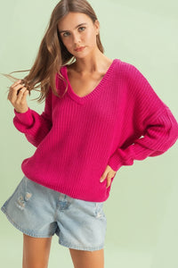 Oversized V-Neck Knit Sweater - Rose