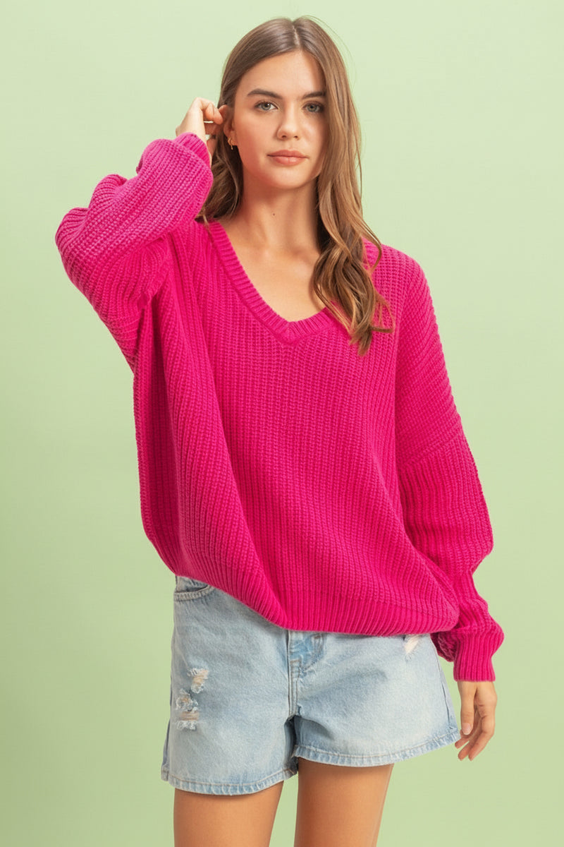 Oversized V-Neck Knit Sweater - Rose