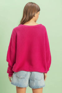 Oversized V-Neck Knit Sweater - Rose