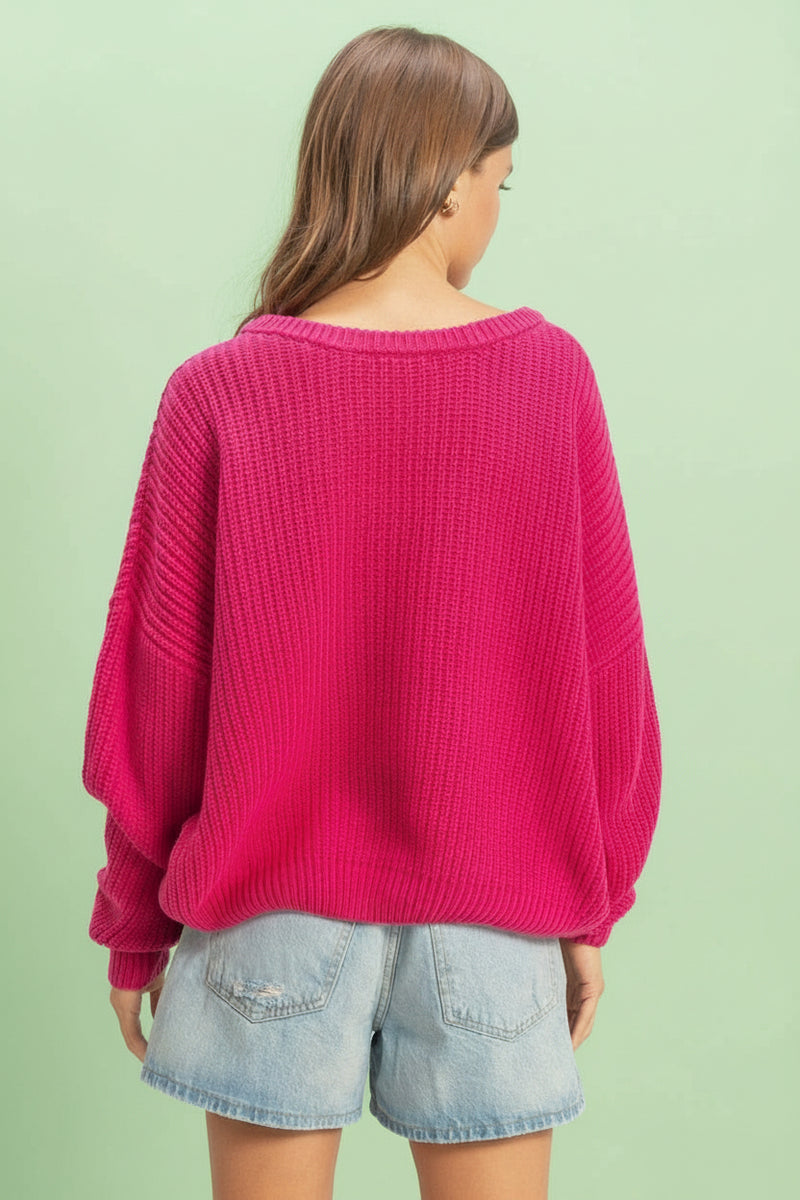 Oversized V-Neck Knit Sweater - Rose