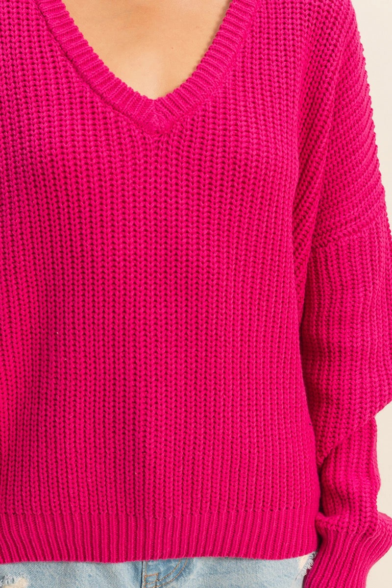 Oversized V-Neck Knit Sweater - Rose