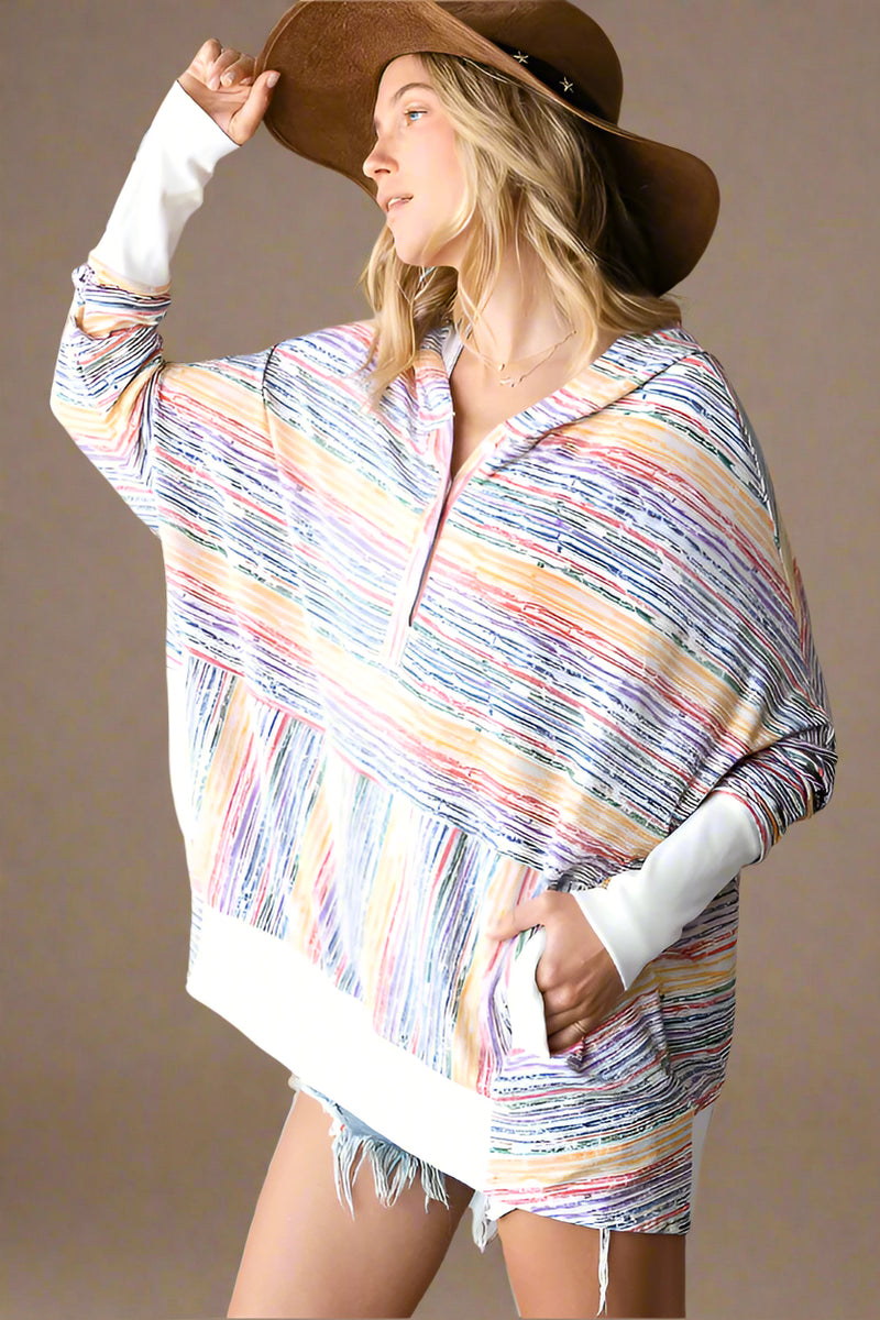 Oversize Stripe Button Up Hoodie Top Blue