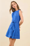 Contrast Stitch Front Pleats Dress - Blue