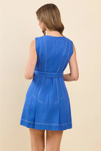 Contrast Stitch Front Pleats Dress - Blue