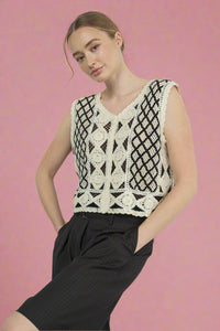 Embroidered Crochet Lace Vest - Natural