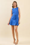 Contrast Stitch Front Pleats Dress - Blue