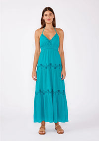 Boho Embroidered V Neck Tiered Halter Maxi Dress