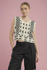Embroidered Crochet Lace Vest - Natural