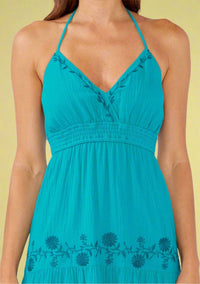 Boho Embroidered V Neck Tiered Halter Maxi Dress