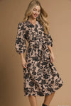 Mix Floral Print Midi Dress with Waist Tie