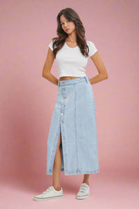 High Rise Slit Midi Skirt - Light Wash