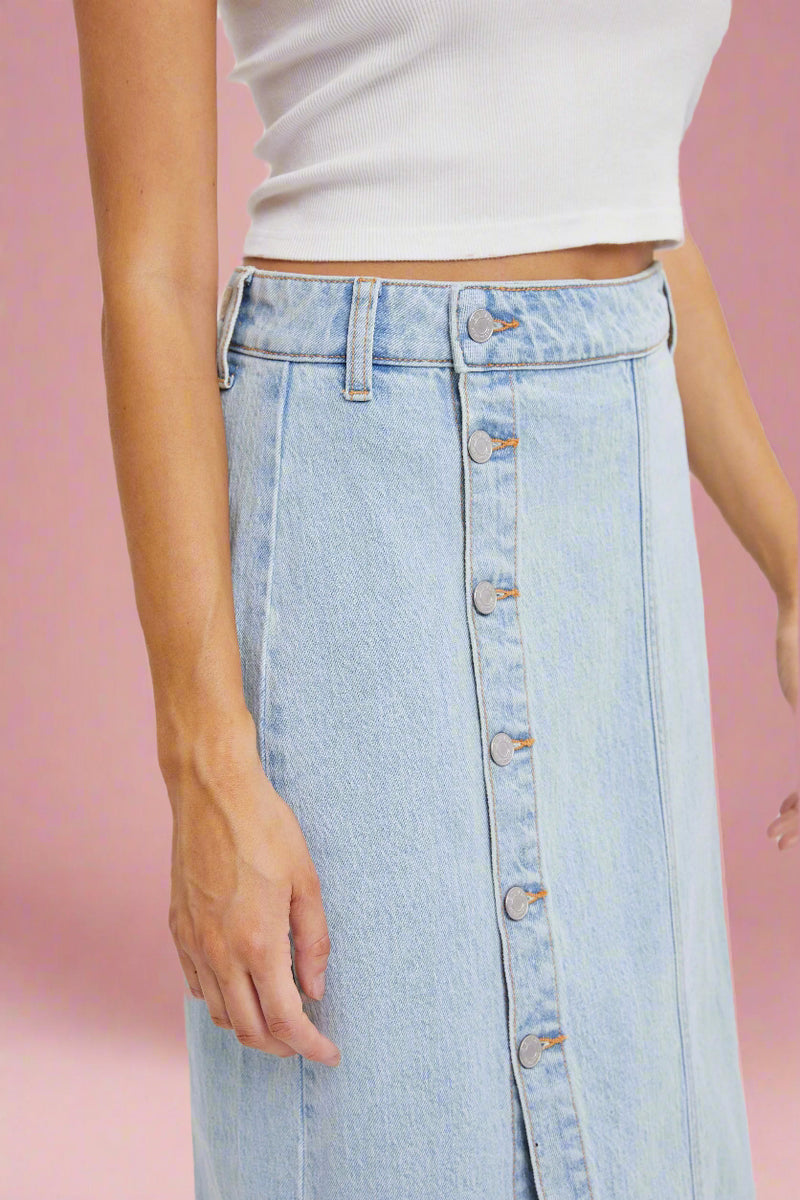 High Rise Slit Midi Skirt - Light Wash
