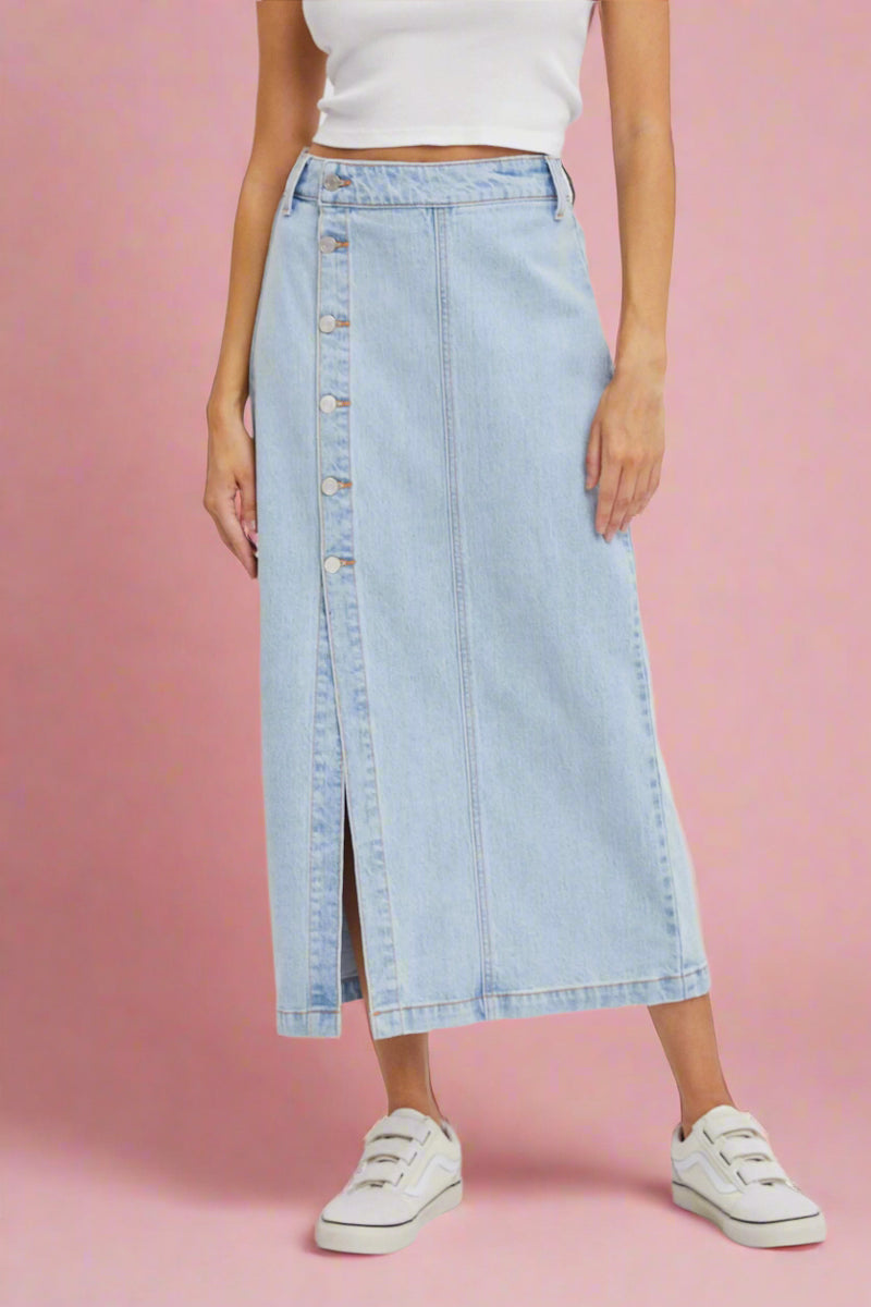 High Rise Slit Midi Skirt - Light Wash