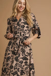 Mix Floral Print Midi Dress with Waist Tie
