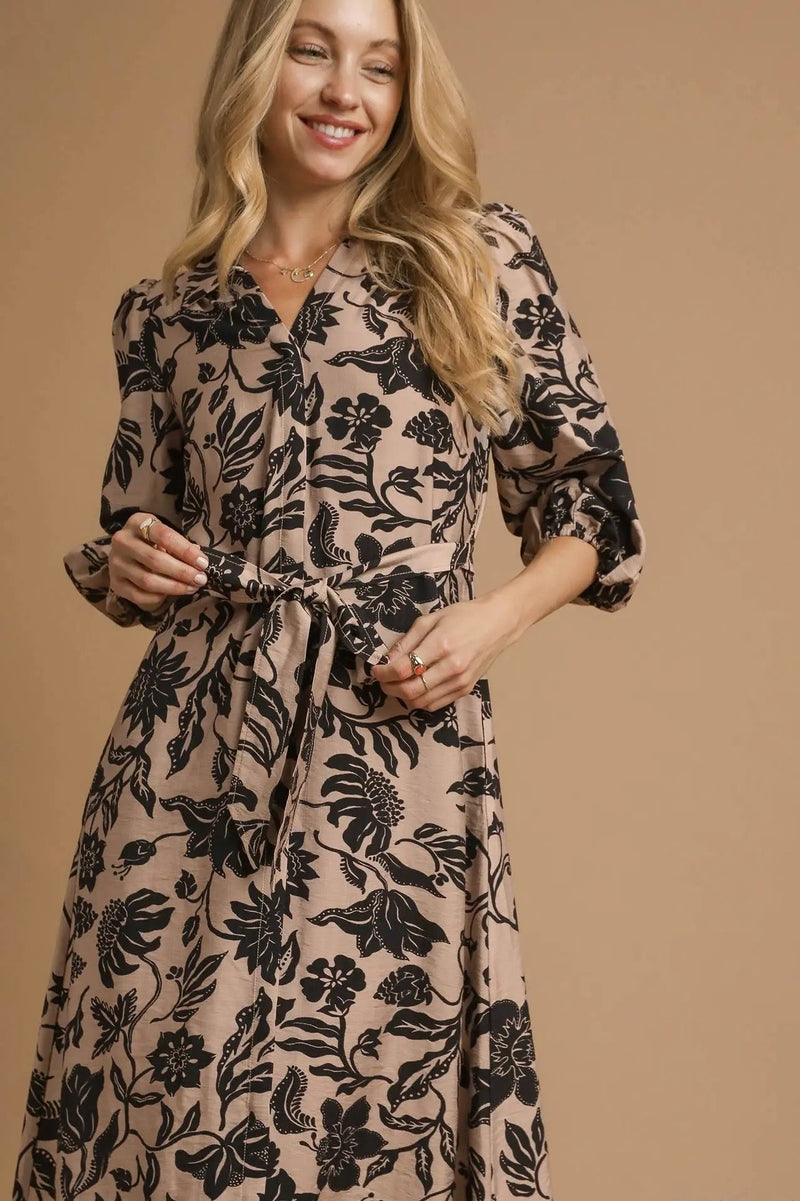 Mix Floral Print Midi Dress with Waist Tie