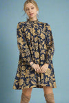 Floral Smocked Neckline Mini Dress - Navy