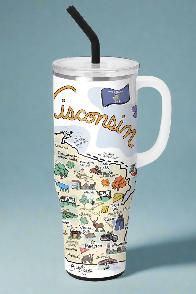 40 oz Tumbler with a map of Wisconsin design on a white background