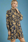 Floral Smocked Neckline Mini Dress - Navy
