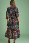 Floral Print V-Neck Midi Dress - Black