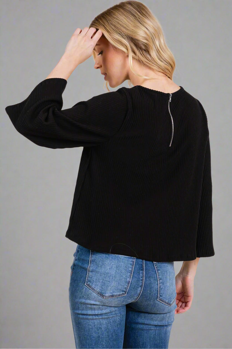Ribbed Tiger Brush Top - Black