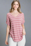 Relaxed Fit V-Neck Stripe Tee - Mauve