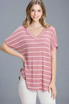 Relaxed Fit V-Neck Stripe Tee - Mauve