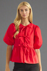 Poplin Front Tie Ribbon Blouse - Red