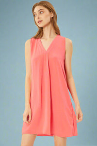 Solid V-Neck Relaxed Fit Dress - Coral