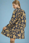 Floral Smocked Neckline Mini Dress - Navy