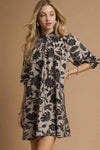 Floral Smocked Neckline Mini Dress - Taupe
