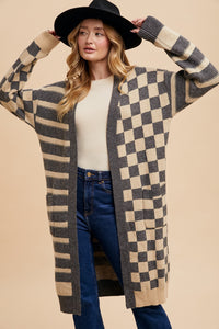 Checkerboard Long Cardigan Grey