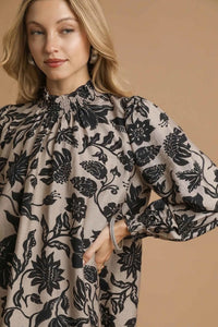 Floral Smocked Neckline Mini Dress - Taupe