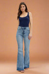 A pair of women’s high-waisted flare leg jeans by Judy Blue with a unique released hem and vintage light wash.