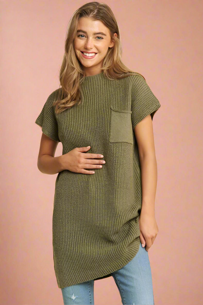 Drop shoulder olive colored knit mini dress  with a pocket detail on left side. 