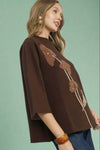 Flower Mock Neck Sweater Top - Brown