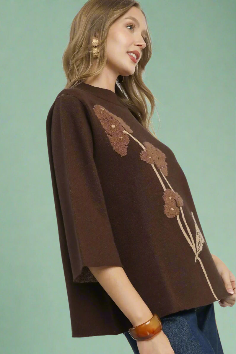 Flower Mock Neck Sweater Top - Brown
