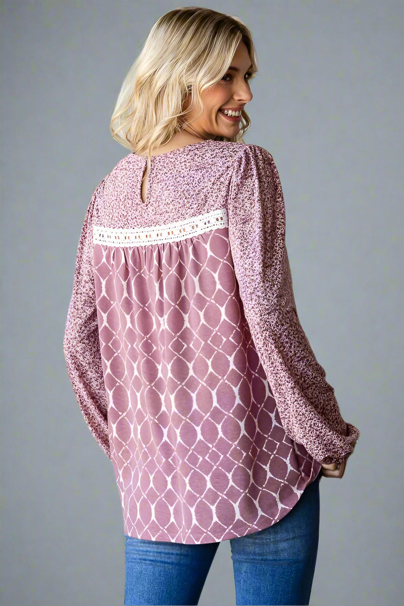 Multi Print Lace Detail Top Marsala